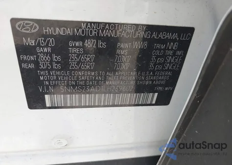 2020 Hyundai Santa Fe Se from USA, damaged, VIN 5NMS23AD1LH239602